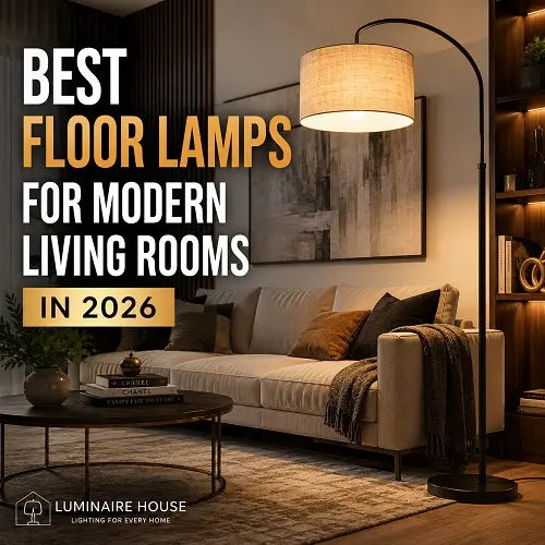 Best floor lamps for modern living rooms in 2026 featuring a luxury black arc floor lamp beside a modern beige sofa in a contemporary home interior | Luminaire House