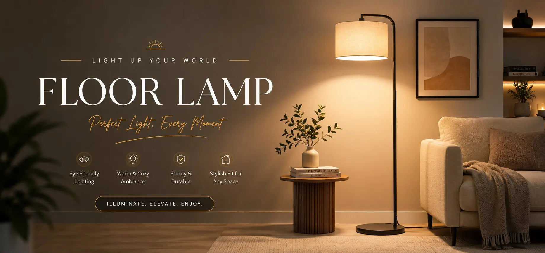 Luxury modern floor lamp with warm ambient lighting in a contemporary living room, perfect for home décor and interior lighting.