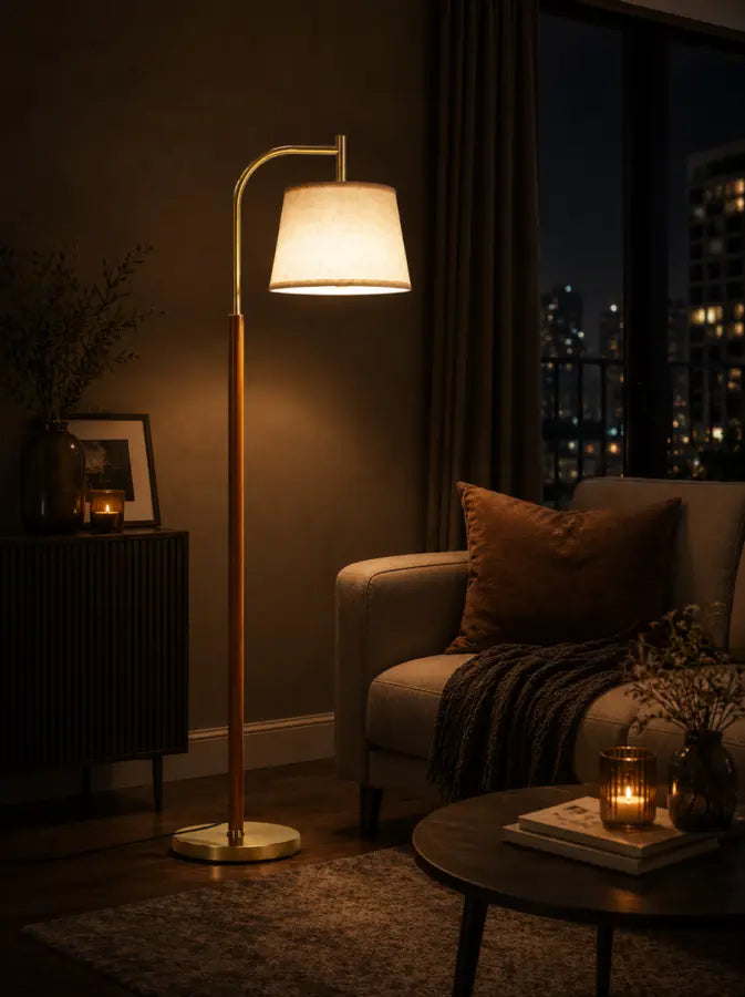65" Mid-Century Modern Arc Floor Lamp | Dimmable Gold & Walnut Standing Lamp with Linen Shade & LED Bulb for Living Room, Bedroom, Reading Room, Office & Nursery