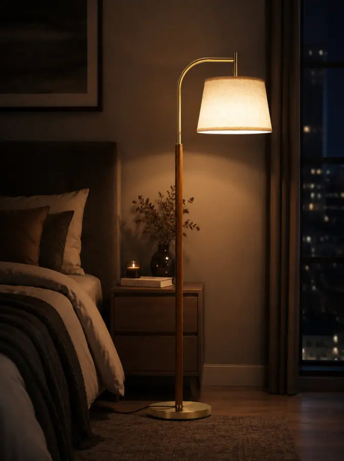 65" Mid-Century Modern Arc Floor Lamp | Dimmable Gold & Walnut Standing Lamp with Linen Shade & LED Bulb for Living Room, Bedroom, Reading Room, Office & Nursery
