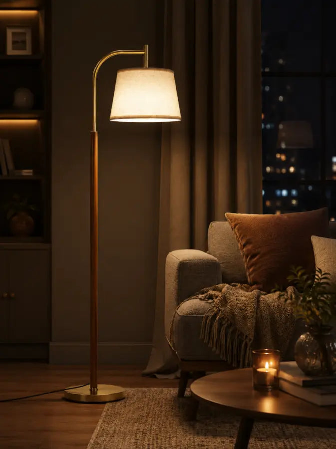 65" Mid-Century Modern Arc Floor Lamp | Dimmable Gold & Walnut Standing Lamp with Linen Shade & LED Bulb for Living Room, Bedroom, Reading Room, Office & Nursery
