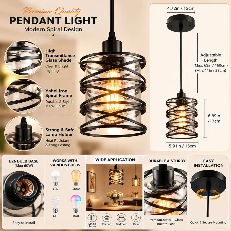 A product infographic for a spiral pendant light, showing the hanging lamp, dimension labels, close-up feature callouts, bulb base details, and installation benefits on a beige background.
