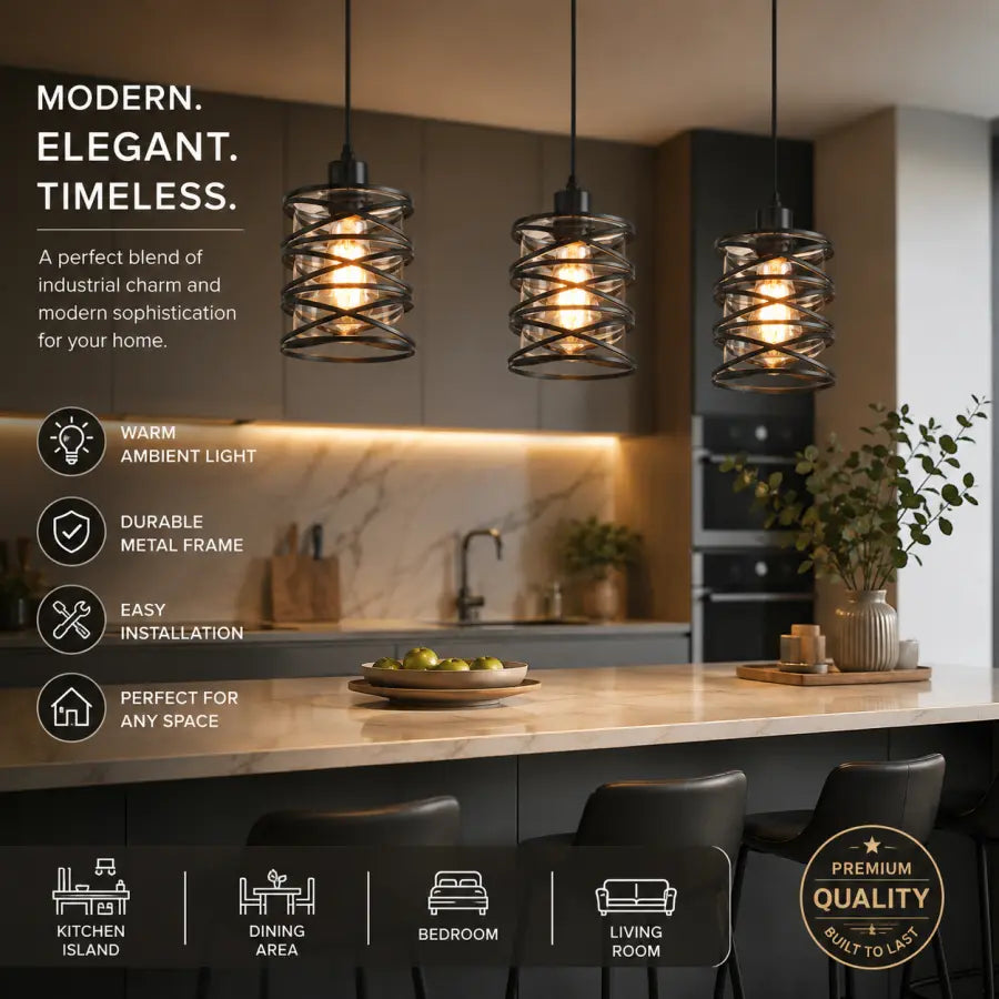 Three modern pendant lights with black metal wire crisscross frames and warm glowing bulbs, hanging over a kitchen island. The scene includes kitchen cabinetry, a marble countertop, stools, and promotional text highlighting warm ambient light, durable metal frame, easy installation, and suitability for kitchen island, dining area, bedroom, or living room.