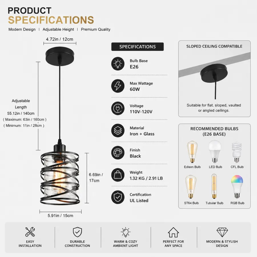 Product specifications and dimensions diagram for a modern spiral LED filament light fixture, showing measurements, rated specs, bulb base type, recommended bulb types, and feature icons on a white background.