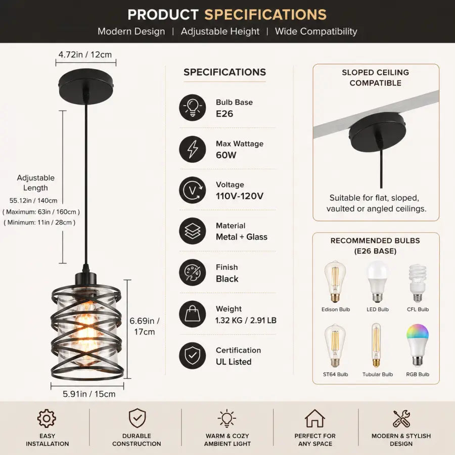 Product specifications and dimensions diagram for a modern spiral pendant light fixture, showing measurements, compatible bulb types, and feature icons on a dark background.