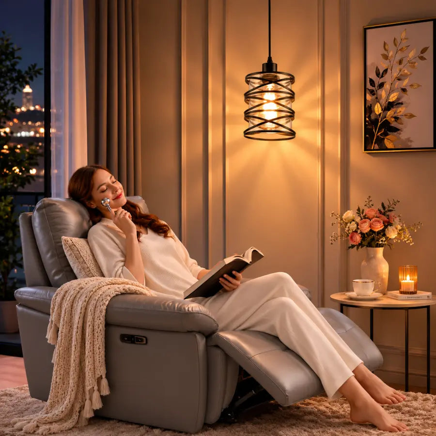 A woman relaxes in a gray recliner chair in a warmly lit living room, holding a book and talking on a phone. The room features a hanging spiral pendant light, a side table with flowers, and a nightstand in the background.