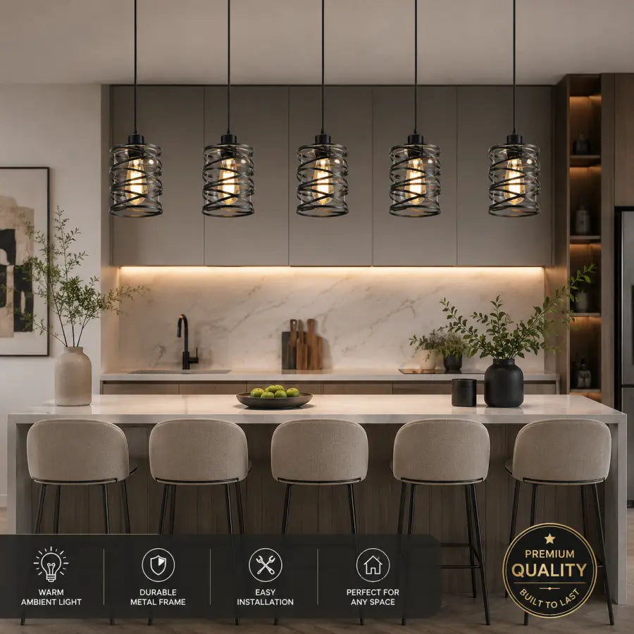 Five black metal cage pendant lights hanging over a modern kitchen island with bar stools, shown in a styled interior. A black banner at the bottom includes feature icons and a gold 'Premium Quality' badge.