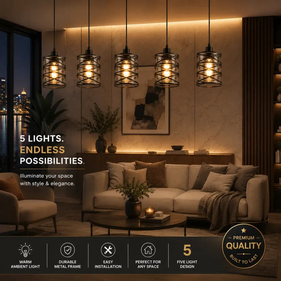 Five industrial-style pendant lights with black metal wire mesh cylinders hang over a modern beige sofa in a warmly lit living room. Text on the left reads '5 LIGHTS.