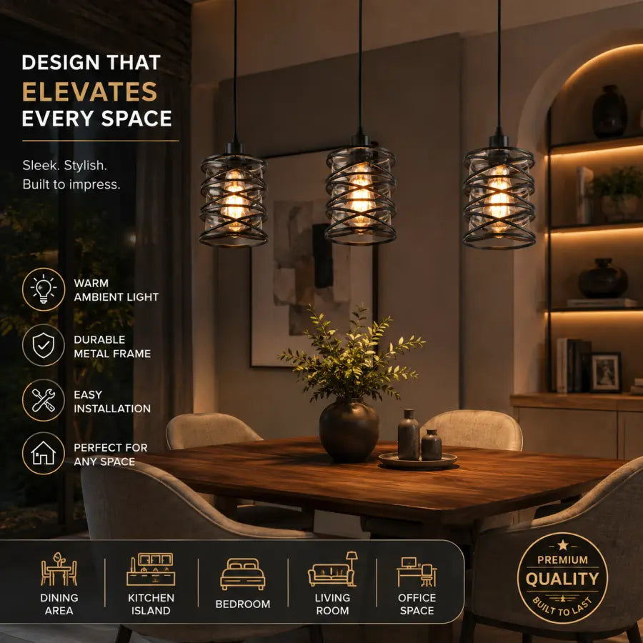 3-Pack Kitchen Island Pendant Lights  Modern Black Glass Hanging Lights with Spiral Cage & Clear Glass Shades for Dining Room, Bar & Entryway