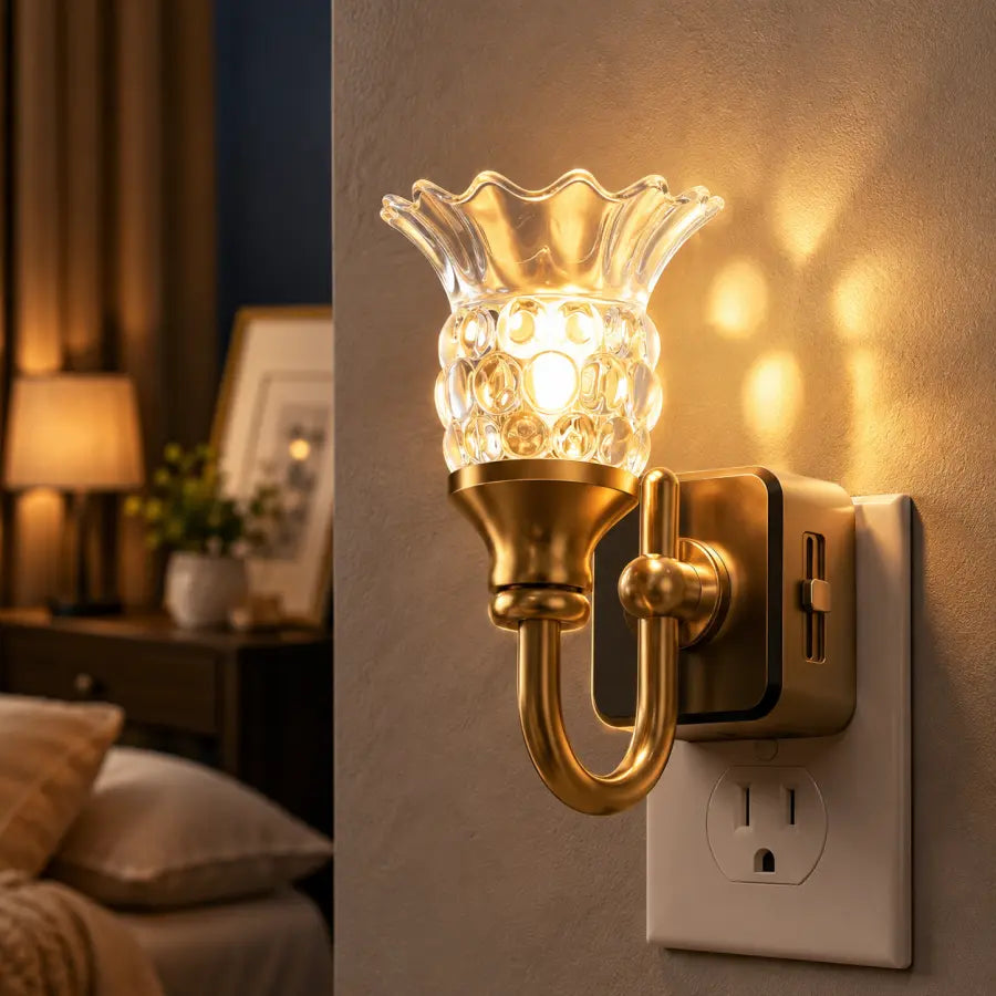 A wall-mounted night light with a gold-finished metal arm and a clear textured glass shade, shown lit and plugged into a wall outlet in a bedroom setting.