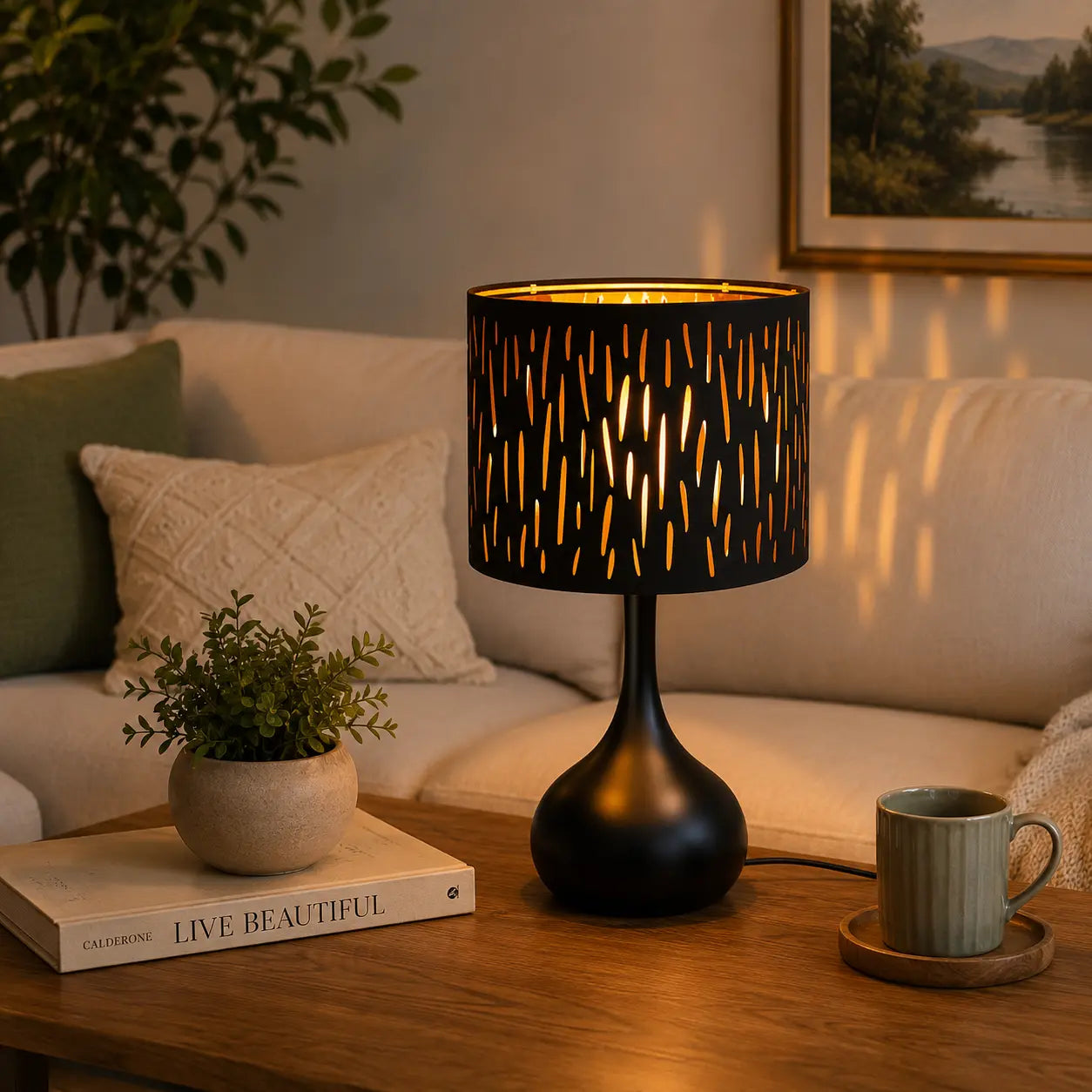 3-way dimmable touch table lamp with black mattle design, modern black bedside lamp on a wooden side table in a cozy living room