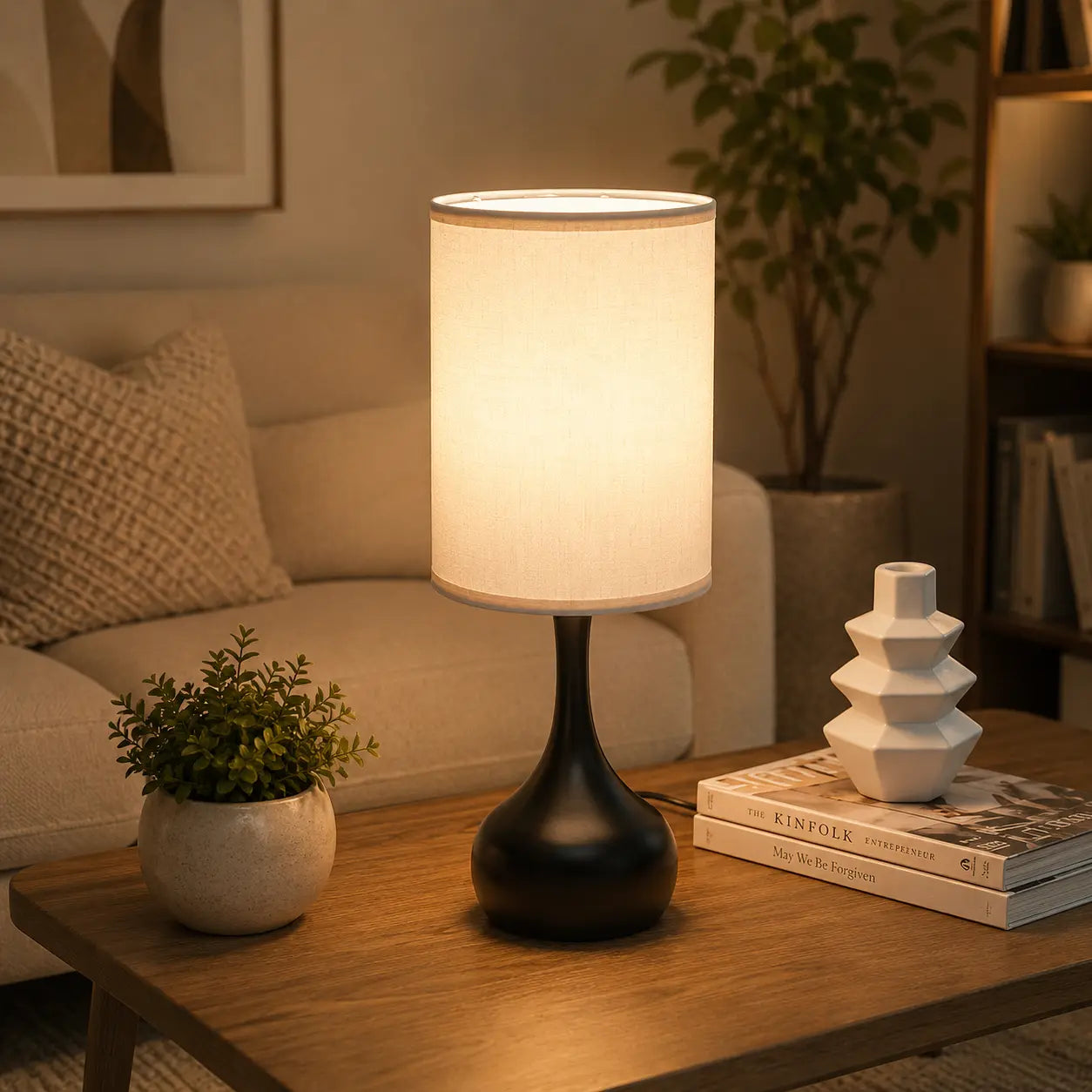 3-way dimmable touch table lamp with lilen fabric , modern black bedside lamp on a wooden side table in a cozy living room