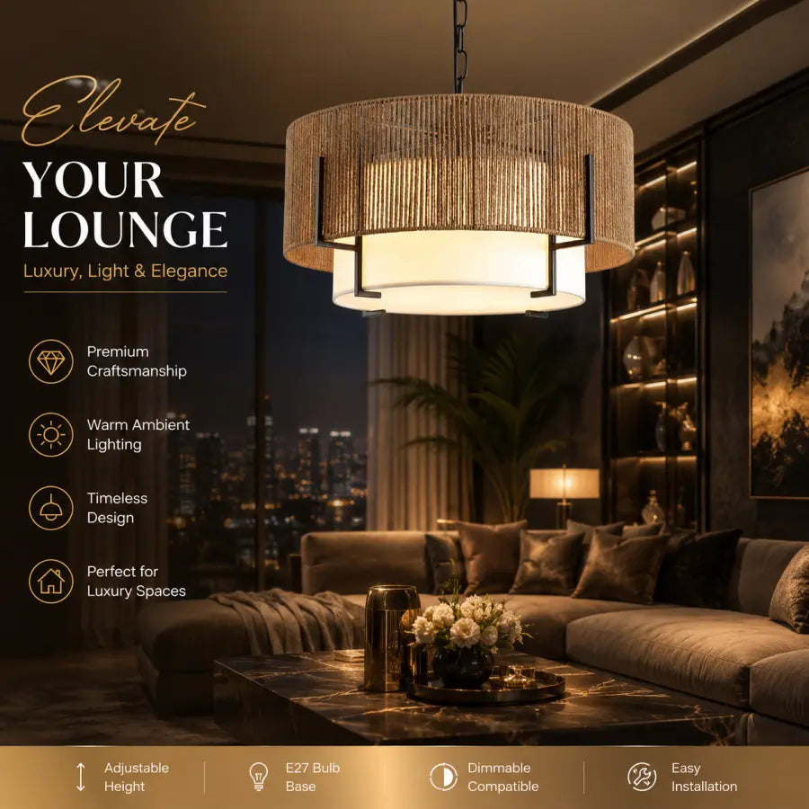 Luxury cylindrical pendant light with a woven natural-fiber textured shade and a warm white drum diffuser, shown hanging in a modern, elegantly furnished living room at night. The image includes promotional text overlays on the left and feature icons at the bottom.