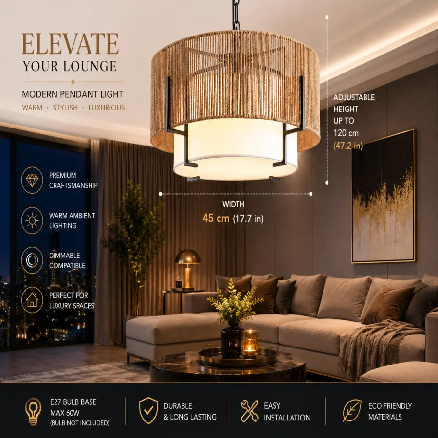 A modern pendant light with a cylindrical woven bamboo shade and a warm white drum diffuser, shown hanging in a styled living room. The image includes dimension lines indicating a width of 45 cm and an adjustable height up to 120 cm, along with feature callouts on the left.