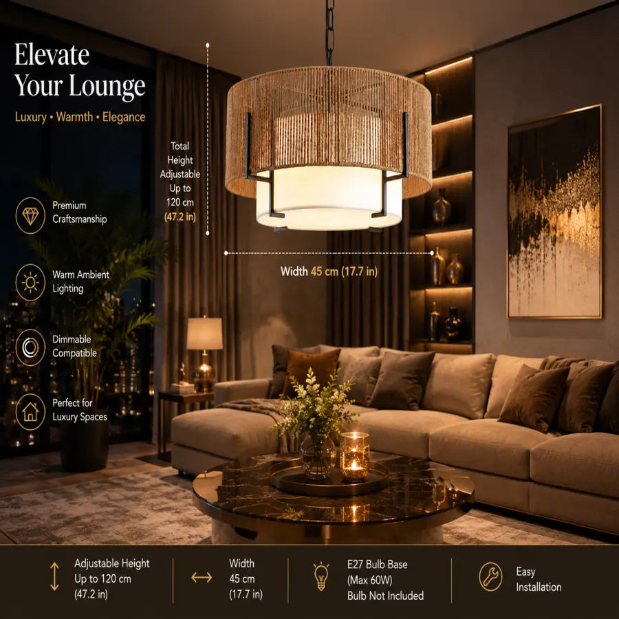 A luxury cylindrical pendant light with a woven beige rope texture and black metal frame, hanging in a modern, warm-toned living room. The image includes dimension lines showing the light's width of 45 cm and adjustable height up to 120 cm, along with feature callouts on the left.
