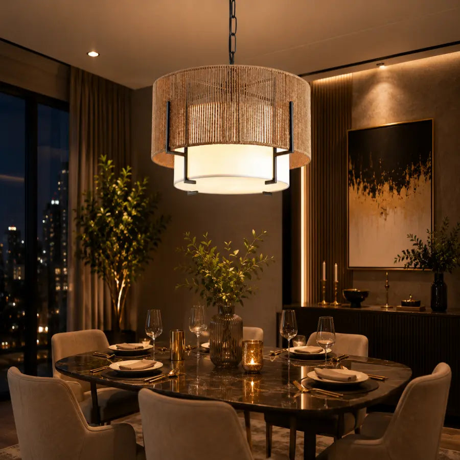 A modern cylindrical pendant light with a woven natural-fiber shade and a glowing white drum diffuser, hanging over a dark round dining table in a luxury, warmly lit contemporary dining room.