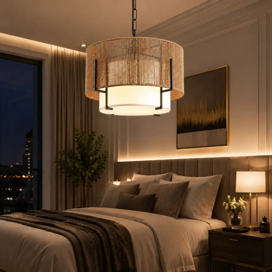 A modern drum pendant light with a woven natural-fiber shade and a glowing white cylindrical diffuser, hanging in a styled bedroom above a bed with neutral bedding.