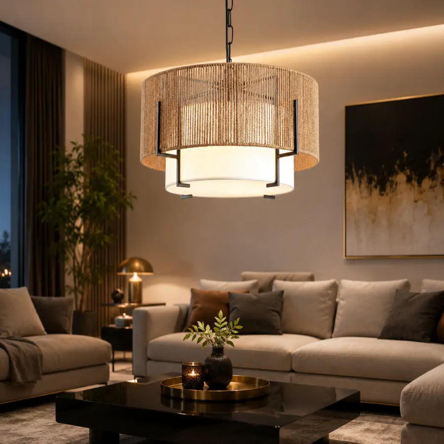 A modern drum pendant light with a woven natural-fiber shade and a white cylindrical diffuser, hanging in a stylishly decorated living room with a beige sofa, black coffee table, and warm ambient lighting.