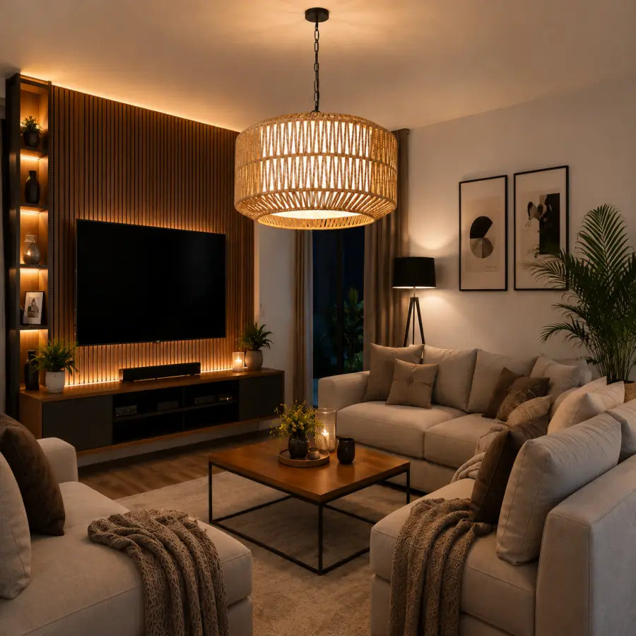 A modern living room featuring a large cylindrical woven rattan pendant light hanging above a wooden coffee table. The room is styled with beige sofas, a dark wood slatted TV wall with built-in shelves and warm lighting, and a potted palm plant.