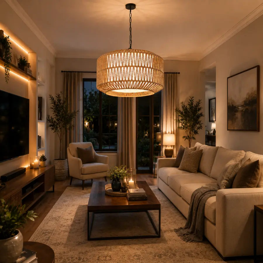 A large round woven rattan pendant light hangs in a cozy, warmly lit living room with a beige sofa, wooden coffee table, and plants.
