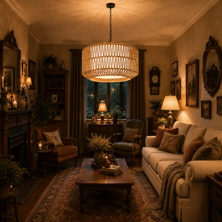 A warm, cozy living room featuring a large round woven rattan chandelier hanging over a dark wood coffee table. The room is styled with a cream sofa, brown armchair, patterned throw pillows, a patterned area rug, and warm ambient lighting from table lamps and wall sconces.