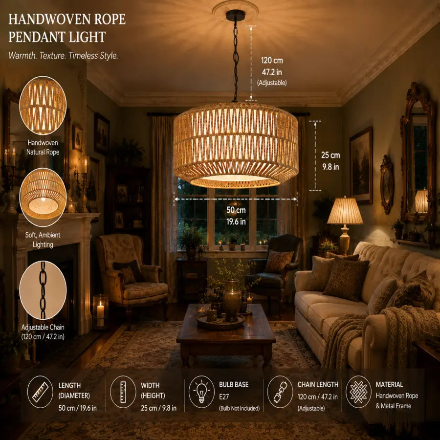 A handwoven rope pendant light shown hanging in a styled living room, with overlaid dimension labels for the fixture and feature callouts on the left. The scene is dimly lit to emphasize the warm light emitted by the pendant, and the room includes sofas, chairs, a fireplace, and a coffee table.