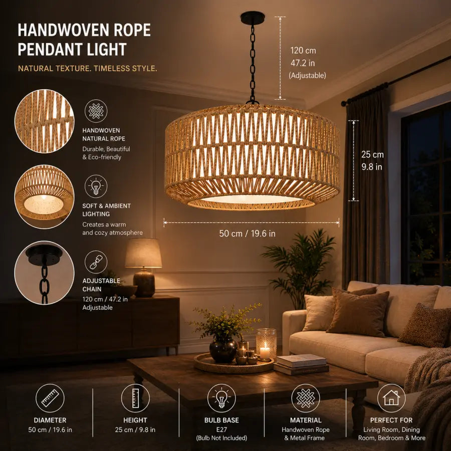 A handwoven rope pendant light shown hanging in a styled living room, with overlaid dimensions (120 cm diameter, 25 cm chain, 50 cm height) and feature callouts for natural rope, warm ambient lighting, adjustable chain, and durable construction.