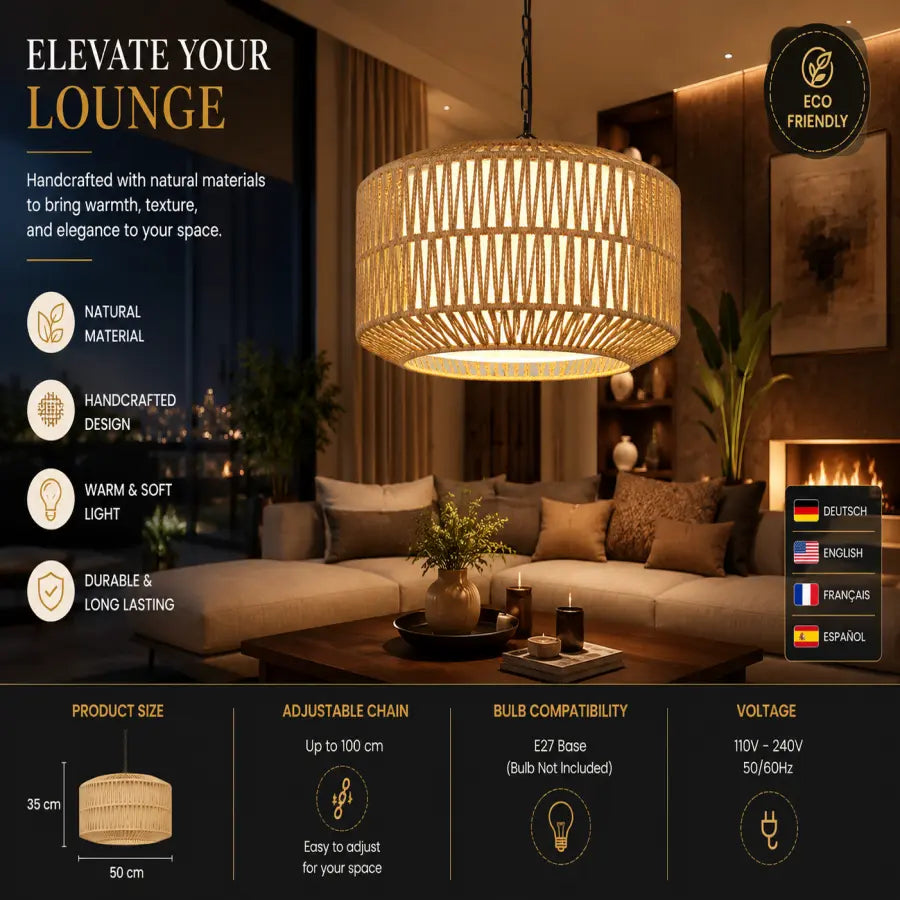 A woven natural-fiber pendant light in a warm beige tone, shown hanging in a modern living room setting. The image includes marketing text, product dimensions, power details, and a small 'Eco Friendly' badge.