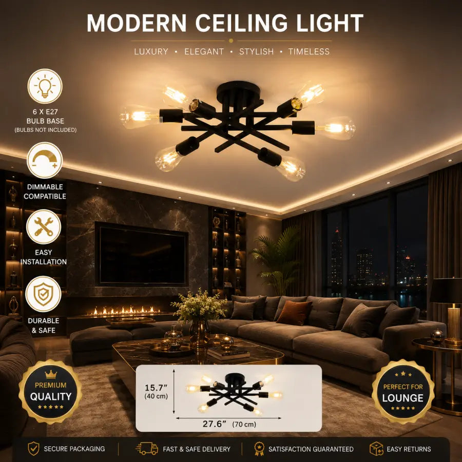 Modern multi-arm ceiling light fixture with six exposed Edison-style bulbs, shown installed in a contemporary living room. The image includes feature callouts, dimensions, and quality badges, with the product centered on a dark ceiling in a warm-lit interior.