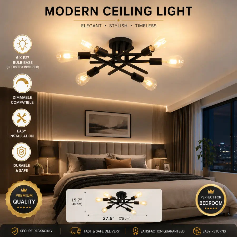 Modern ceiling light fixture with six adjustable E27 bulbs in a black metal multi-arm design, shown installed in a contemporary bedroom setting. The image includes feature callouts, dimensions, and quality badges.