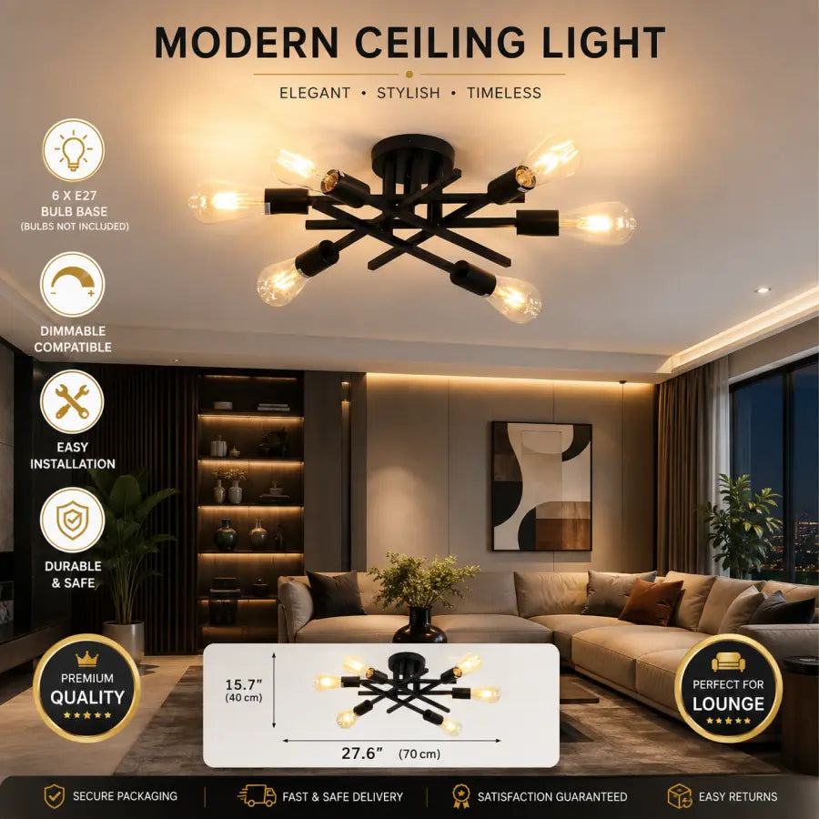 Modern ceiling light fixture with six exposed bulb sockets, shown installed in a contemporary living room. The image includes feature icons, dimensions, and a product diagram overlay.