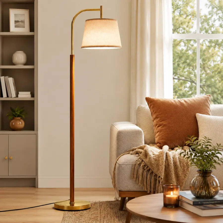 65" Mid-Century Modern Arc Floor Lamp | Dimmable Gold & Walnut Standing Lamp with Linen Shade & LED Bulb for Living Room, Bedroom, Reading Room, Office & Nursery