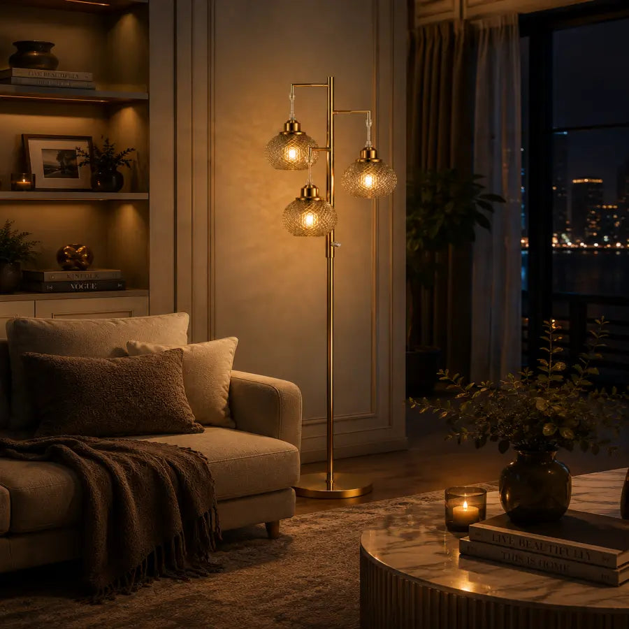 A modern brass three-light floor lamp with textured glass globes stands in a warmly lit living room next to a beige sofa and a round coffee table.