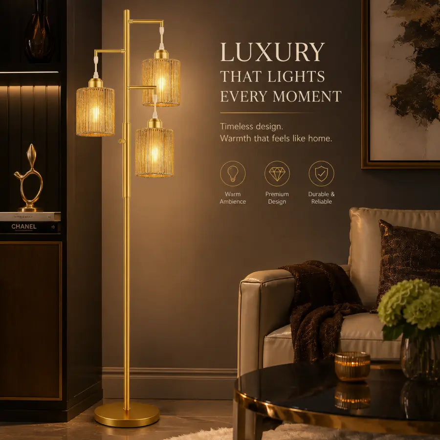 72" Boho Rattan Style Floor Lamp | 3-Light Gold Tree Standing Lamp with Hand-Woven Paper Cord Shades, Dimmable Industrial Floor Lamp for Living Room, Bedroom & Office