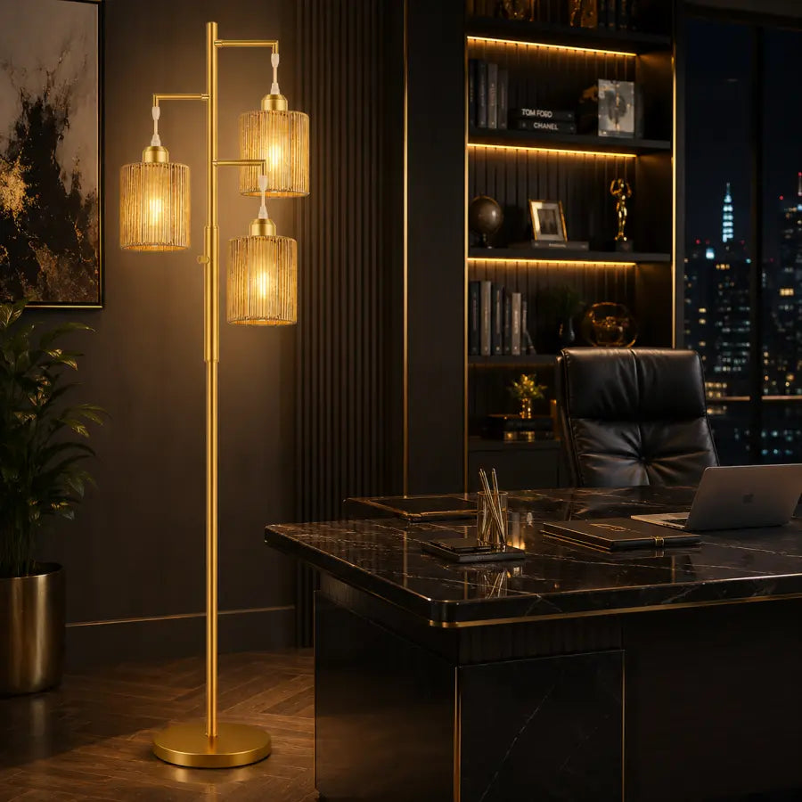 72" Boho Rattan Style Floor Lamp | 3-Light Gold Tree Standing Lamp with Hand-Woven Paper Cord Shades, Dimmable Industrial Floor Lamp for Living Room, Bedroom & Office