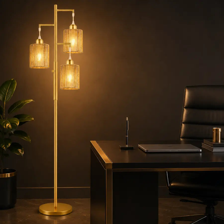 72" Boho Rattan Style Floor Lamp | 3-Light Gold Tree Standing Lamp with Hand-Woven Paper Cord Shades, Dimmable Industrial Floor Lamp for Living Room, Bedroom & Office