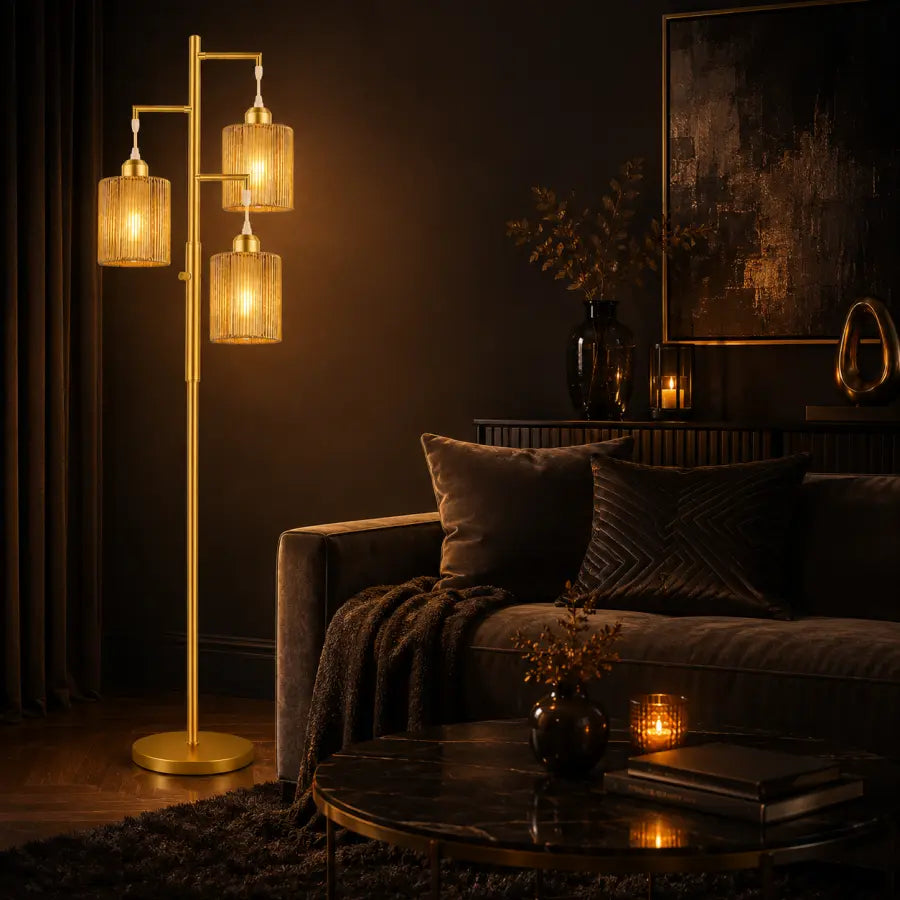 72" Boho Rattan Style Floor Lamp | 3-Light Gold Tree Standing Lamp with Hand-Woven Paper Cord Shades, Dimmable Industrial Floor Lamp for Living Room, Bedroom & Office