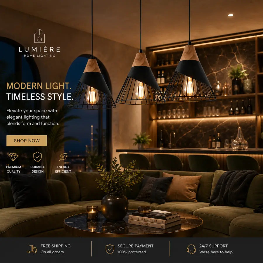 Three modern pendant lights with black metal wire cone cages and natural wood shades hang over a dark green sofa in a stylishly lit living room. The background features a warm, illuminated bar area with marble backsplash and shelves.