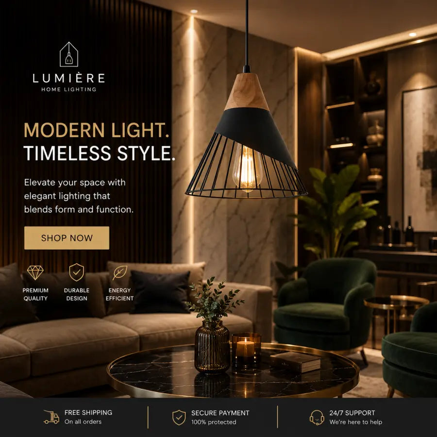 A modern pendant light with a black metal cone cage and a natural wood top, glowing with a warm light, shown hanging in a luxurious, dimly lit living room. The brand 'LUMIÈRE HOME LIGHTING' is displayed on the left with promotional text.