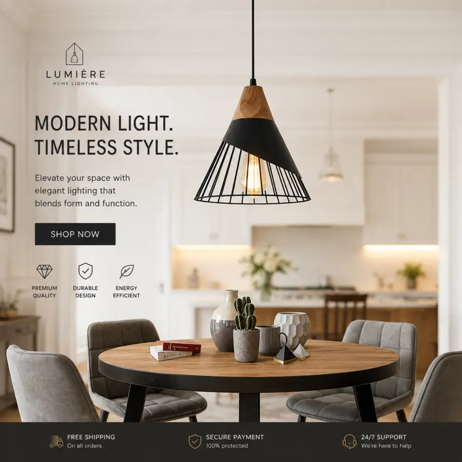 A modern pendant light with a black wireframe cone shade and a natural wood top, hanging over a round wooden dining table in a bright, contemporary kitchen and dining room setting. The brand name 'LUMIÈRE HOME LIGHTING' is displayed on the left with marketing text.
