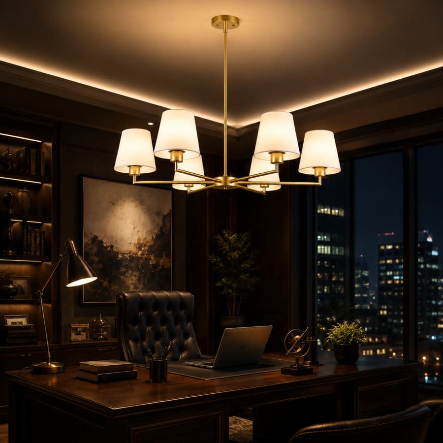 Luxury 36" Brass Gold 6-Light Chandelier | Antique Modern Dining Room Ceiling Light with White Fabric Shades – No Assembly Pendant Fixture for Kitchen Island, Bedroom & Living Room