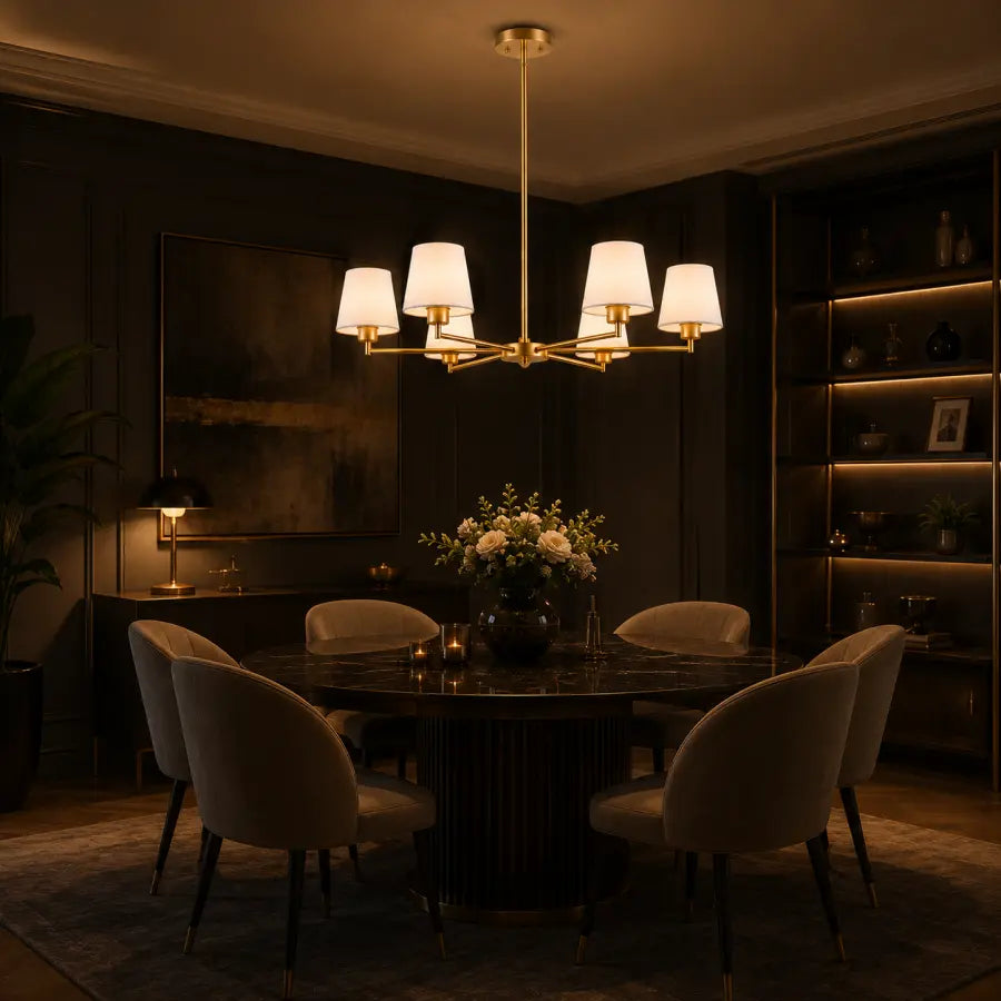Luxury 36" Brass Gold 6-Light Chandelier | Antique Modern Dining Room Ceiling Light with White Fabric Shades – No Assembly Pendant Fixture for Kitchen Island, Bedroom & Living Room