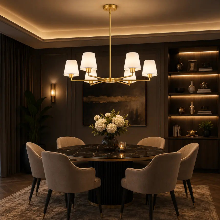 Luxury 36" Brass Gold 6-Light Chandelier | Antique Modern Dining Room Ceiling Light with White Fabric Shades – No Assembly Pendant Fixture for Kitchen Island, Bedroom & Living Room