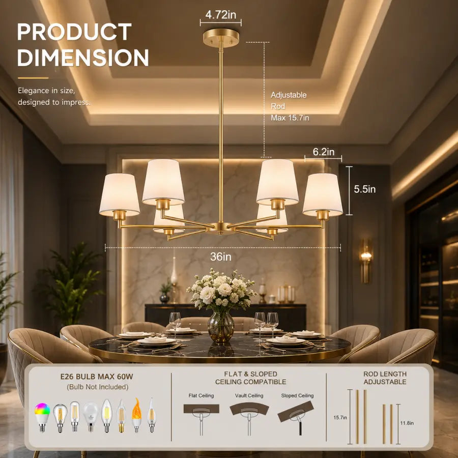 Luxury 36" Brass Gold 6-Light Chandelier | Antique Modern Dining Room Ceiling Light with White Fabric Shades – No Assembly Pendant Fixture for Kitchen Island, Bedroom & Living Room