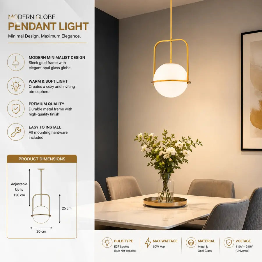 Modern pendant light with a gold-finished frame and a white oval glass globe shade, shown hanging over a dining table in a styled interior. The left side includes marketing text and a product dimension diagram, while the bottom strip shows feature icons and specifications.