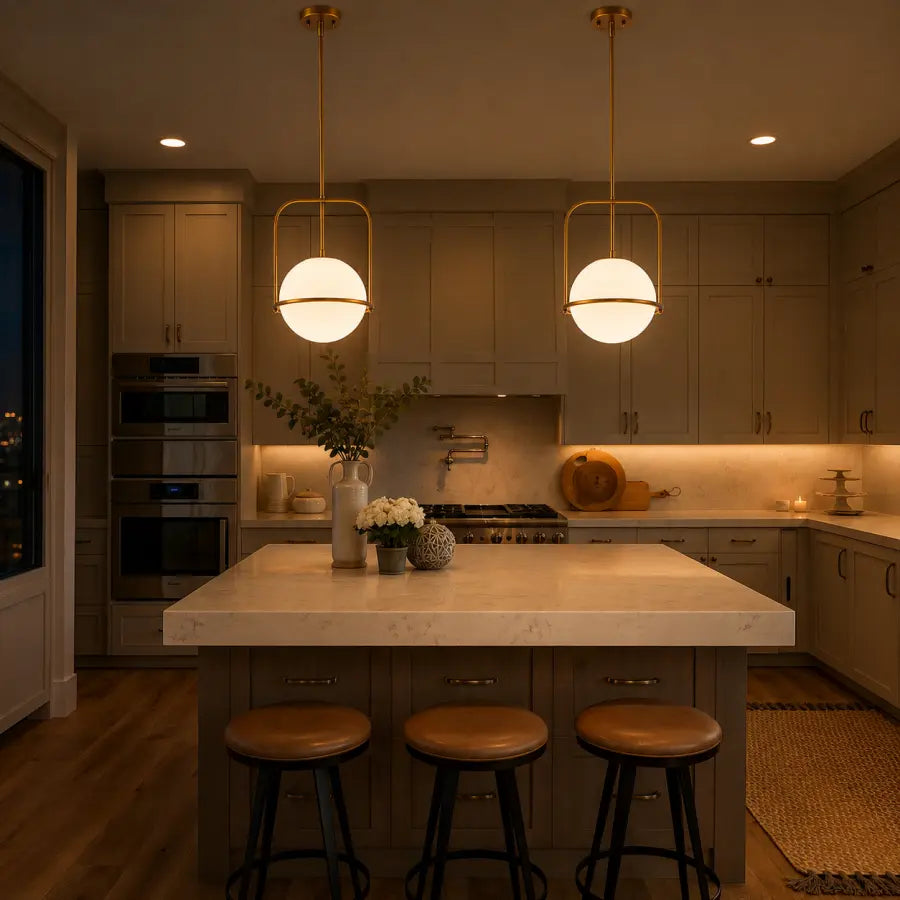 A modern kitchen island with a white stone countertop, three brown leather bar stools, and two hanging pendant lights with gold-toned frames and glowing white globe shades. The background features warm gray-brown cabinetry, built-in stainless steel appliances, and under-cabinet lighting.