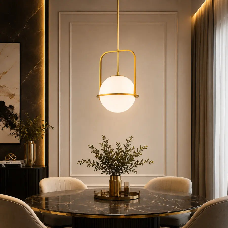 A modern pendant light with a glowing white spherical shade and a gold metal frame hangs over a dark marble dining table with cream chairs in an elegant interior setting.