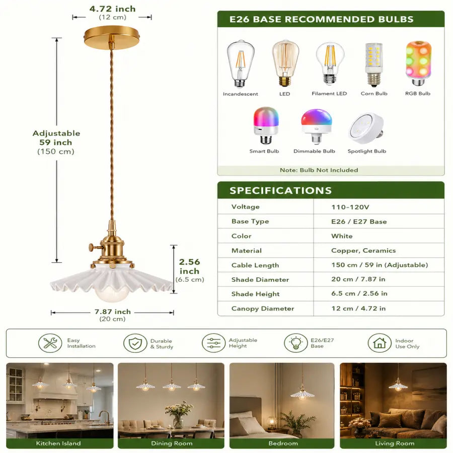 A multi-panel product specification sheet for a cordless pendant light fixture. The main panel shows the light fixture with dimensions, while the right side includes a bulb compatibility chart, specifications table, and three lifestyle room scene photos at the bottom showing the light in use in a kitchen island, dining room, bedroom, and living room.