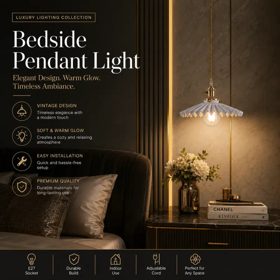 Luxury bedside pendant light with a vintage-inspired fluted shade, shown illuminated in a styled bedroom setting next to a bed and console table.