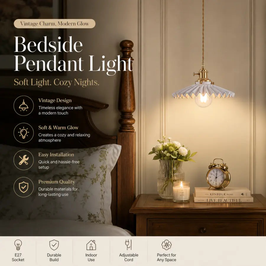 A vintage-style pendant light with a scalloped white shade and brass hardware hanging over a wooden nightstand in a bedroom setting. The image includes marketing text on the left and feature icons along the bottom, showing the lamp glowing warmly and illuminating a candle, books, and an alarm clock.